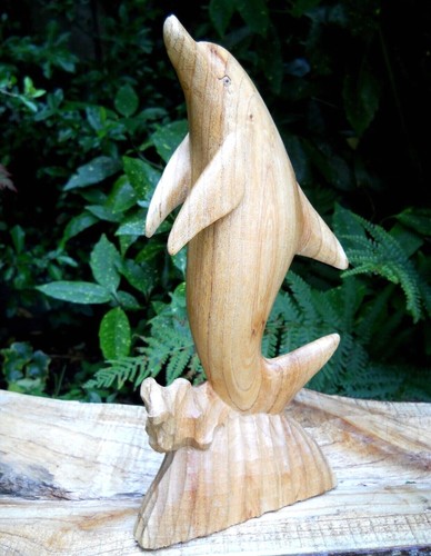 QUALITY WOODEN CARVED FIGURE DOLPHIN Large 50 cm Small 30 cm Natural Colour - Picture 6 of 7
