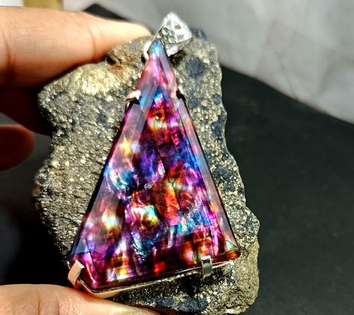 Certified 93.40 Ct Natural Ammolite 925 Solid Silver Rainbow Pendant Gemstone - Picture 2 of 9