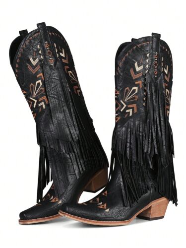 Brown Cowgirl Western Boots Fringe Tassel Chunky High Heels Mid-JZH7 - Picture 6 of 27