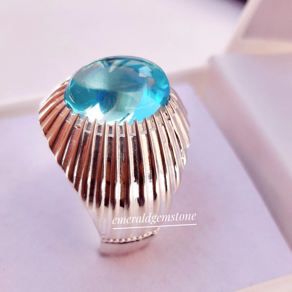 Anillo de boda de topacio azul cielo para hombre anillo de plata de ley 925 anillo hecho a mano Foto 2 de 4