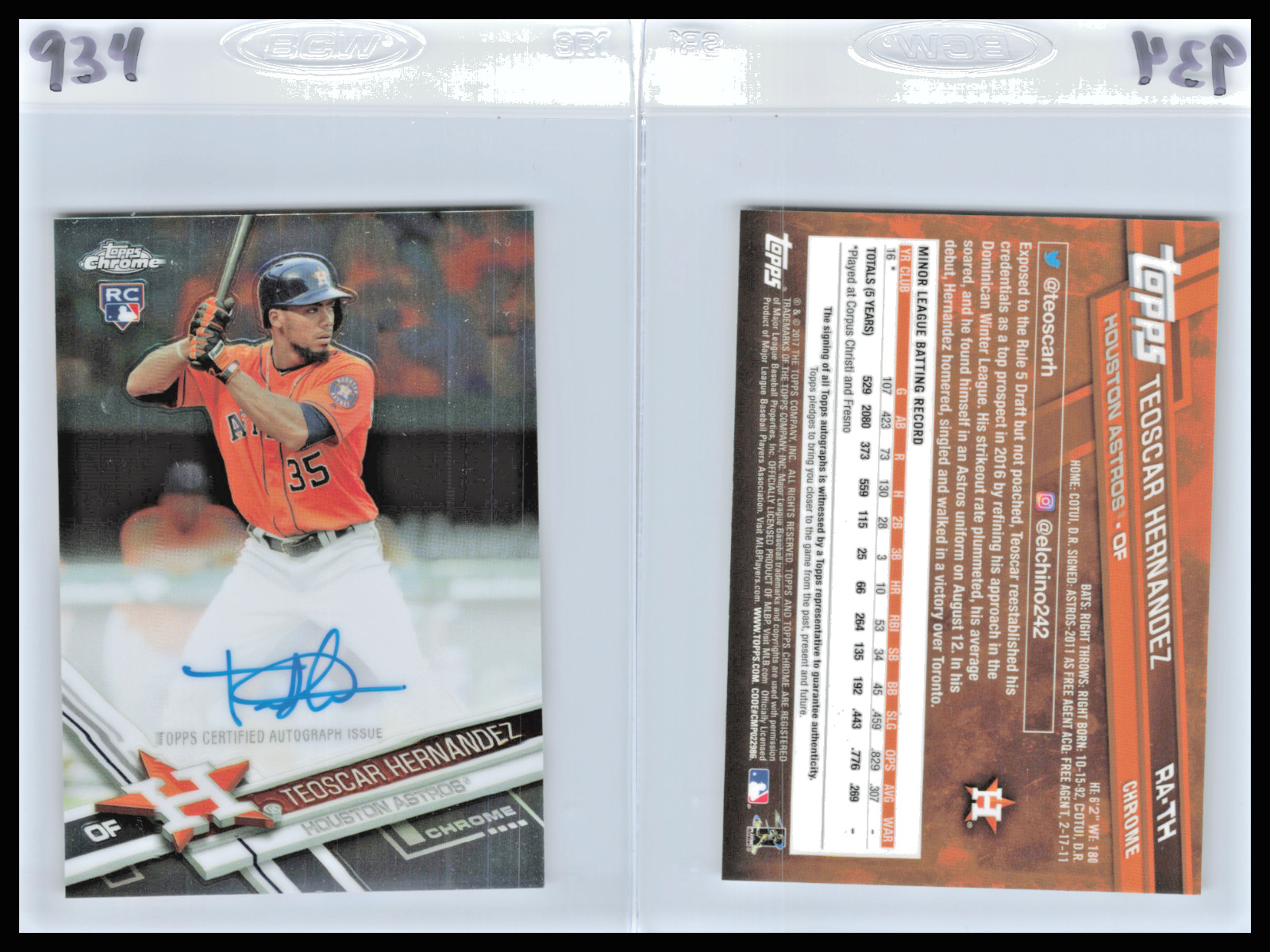 2017 Topps Chrome Teoscar Hernandez RC Autographs  #RA-TH Astros  NMT-MT     934