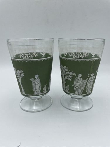 2 Wedgewood Greek Style Green Glasses Footed Hellenic Iced Tea MCM Bar Jeanette - Picture 3 of 18