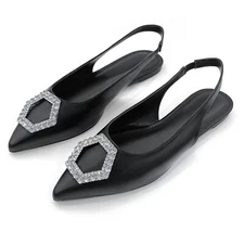 Glaze Women Pointed Toe Slingback Flats with Rhinestone Buckle Accent