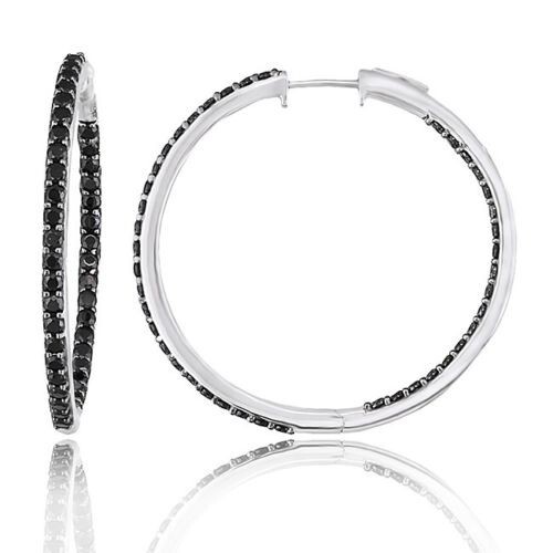 Aretes tipo argolla Huggie redondos simulados de diamantes negros de 1,50 quilates enchapados en oro blanco de 14 k - Imagen 2 de 4