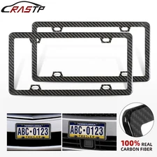2PCS Real Carbon Fiber Finish 4 Holes Slim License Plate Frame w/UV Resistant