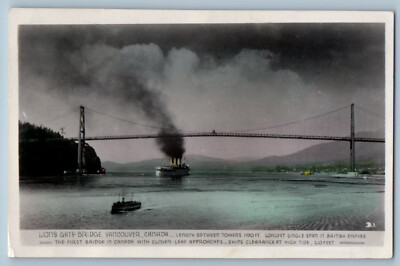 Vancouver BC Canada Postcard Lions Gate Bridge Steamer 1949 RPPC Photo