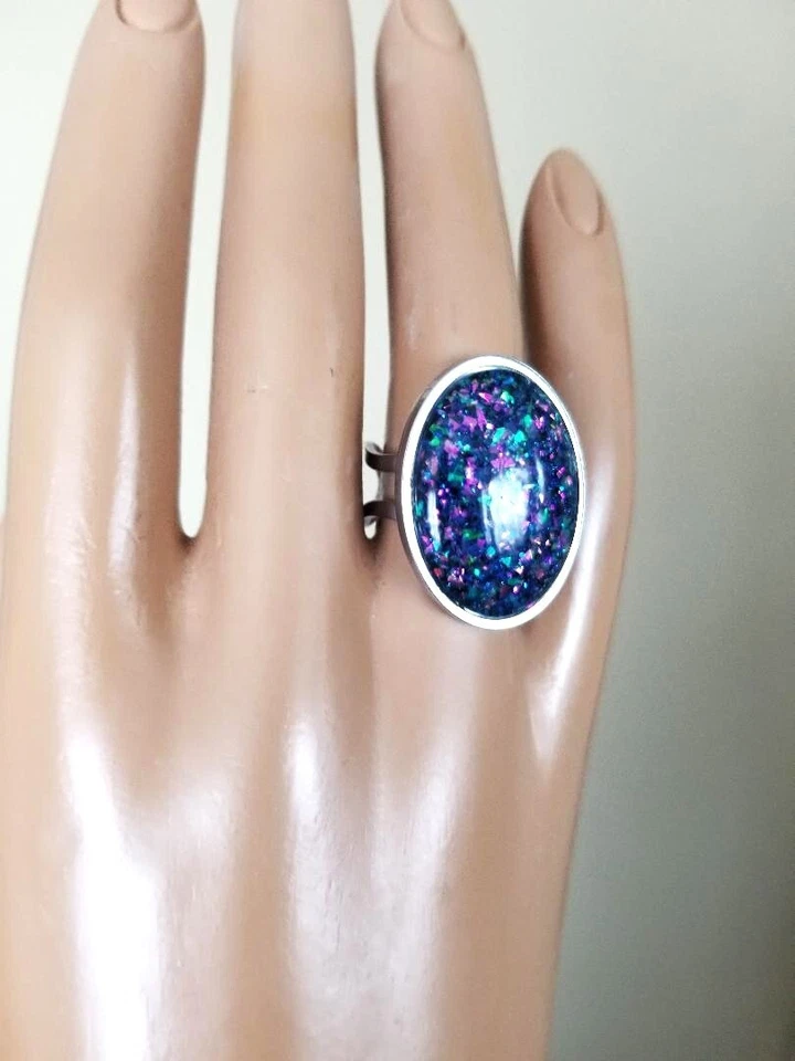 Opal Ring: Purple Fire Resin Opal in 18K GP or Silver-Color Stainless-Steel Band - Image 3 of 4
