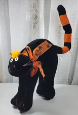 Black & Orange Plush Halloween Cat 14" Free Standing Poseable Tail Weighted Feet