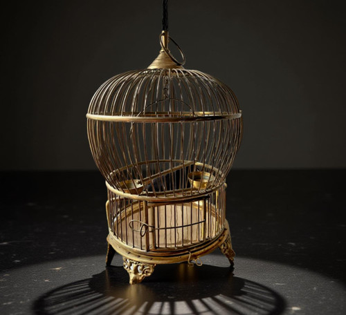 VINTAGE solid BRASS BIRD CAGE 21" BY 13” HANG OR STAND ALONE WITH FEEDERS