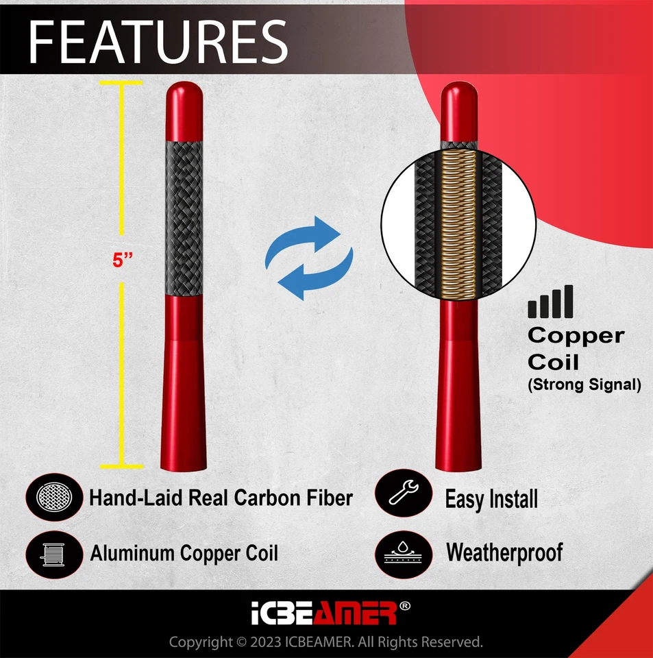 Antena roja universal corta JDM 5" Stubby fibra de carbono aluminio auto coche F938 Foto 2 de 4