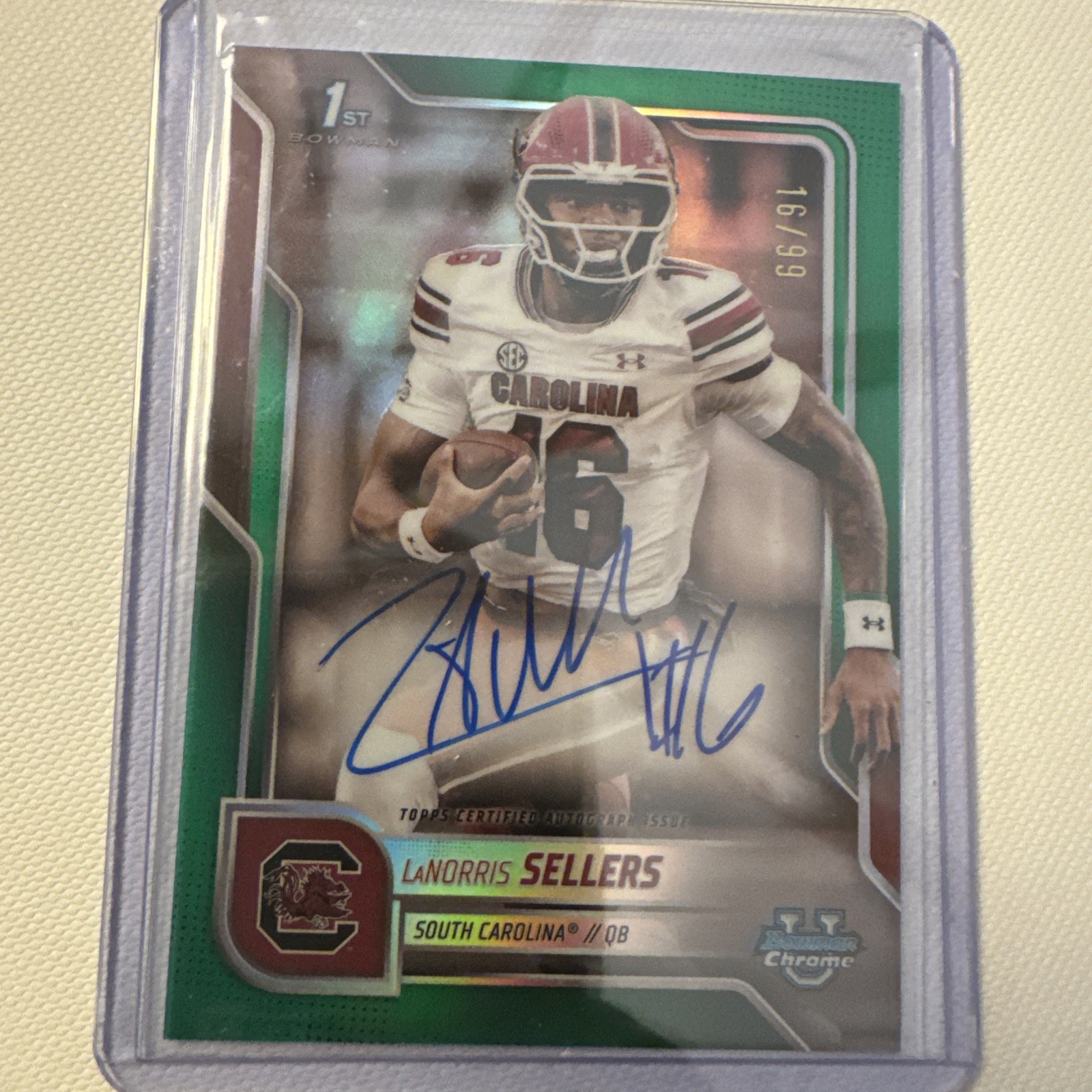 LaNorris Sellers 2025 Bowman University Chrome 1st Green Refractor Auto /99