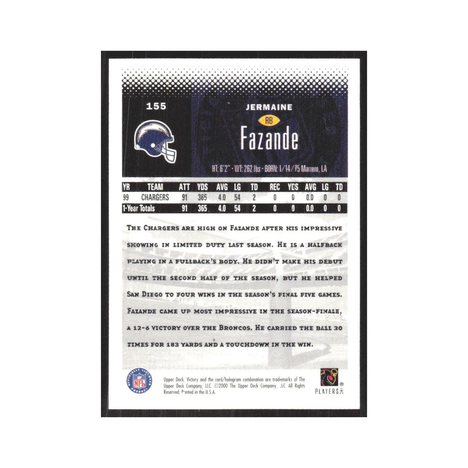 2000 Upper Deck Victory Jermaine Fazande San Diego Chargers #155 - Image 2 of 3