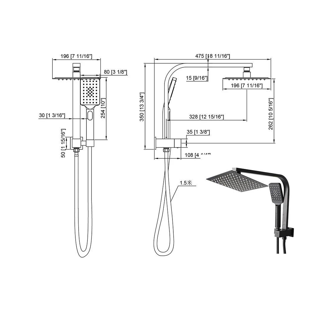 Shower Head High Pressure Set Rain Square Brass Taps Mixer Handheld WELS Black