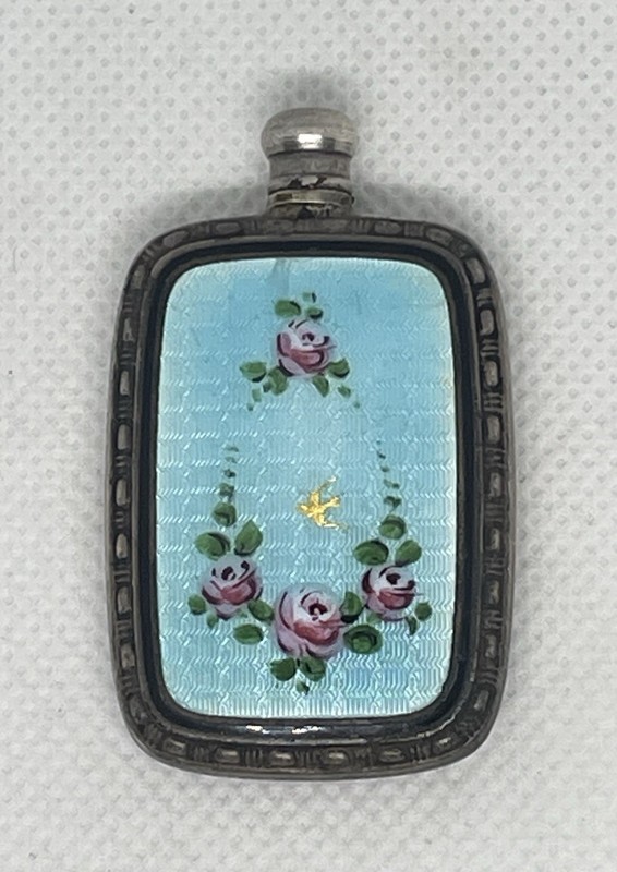 Sterling Silver Guilloche Enamel Miniature Perfume Bottle/Scent Flask W/Dauber