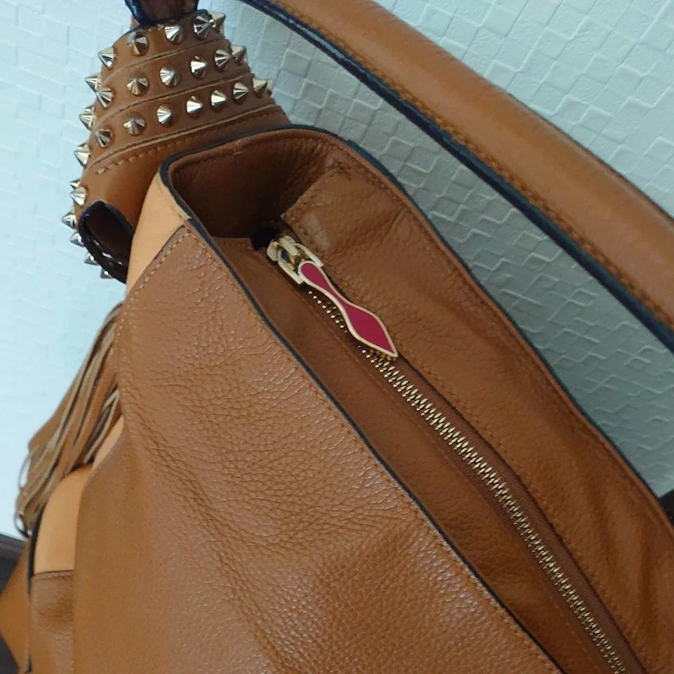 Christian Louboutin Auth Leather Shoulder Bag Tote Handbag Brown Studs Fringe - Image 2 of 4