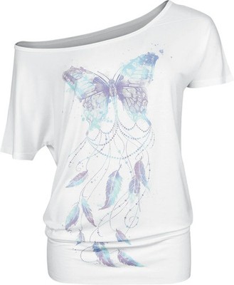 Full Volume by EMP Damen weißes T-Shirt mit bunten Federn