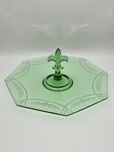 Uranium Green Depression Glass Serving Tray Center Handle Floral Etched 12"