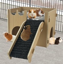 Guinea Pig Castle Hideout, Wooden Hamster House with Stairs  Mat,Small Anima...