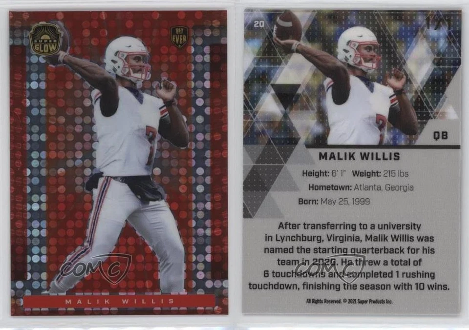 2021 Super Glow Sports Inaugural Edition Red Pulsar 1/1 Malik Willis #20 11pj - Image 3 of 3