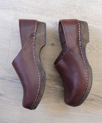 RARE Kitty Clogs Slip On Leather / Wooden Sweden Low Jorg Garnet Brown EU 41