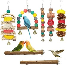 Natural Wood Bird Chew Toys, 7 Pack Hanging Parrot Cage Perch Stand for Parakeet