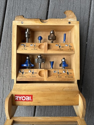 #ad Ryobi 8 Piece Router Bit Set In Wood Box $22.00