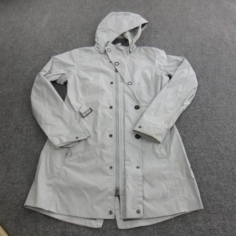 Abrigo de lluvia REI para mujer pequeño gris con capucha impermeable nailon cremallera parka trinchera Foto 3 de 4