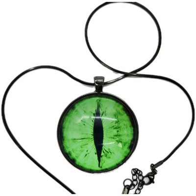 Dragon Eye Cat Eye Green & Black 40mm Pendant with Snake Chain Necklace 2PC Set