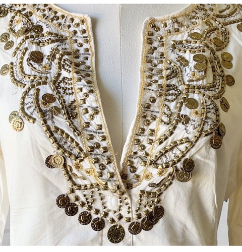 Blusa BCBGMAXAZRIA Y2K Años 90 Boho Oro Rústico Adornos - Imagen 4 de 8