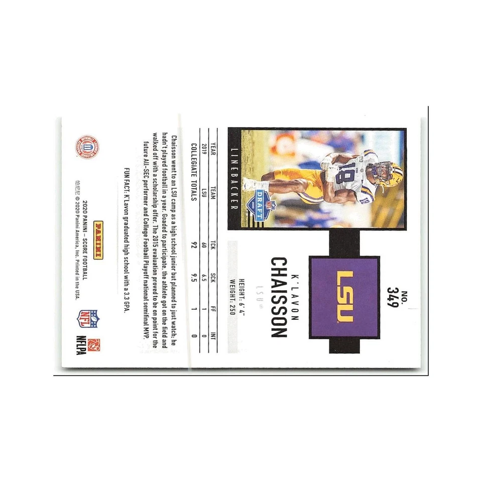 K'Lavon Chaisson Rookie 2020 Score #349 LSU Tigers Football Card NM - Image 2 of 3