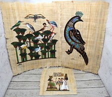 Original Egyptian Papyrus Paper Signed Paintings Art Birds Tree Lot of 3