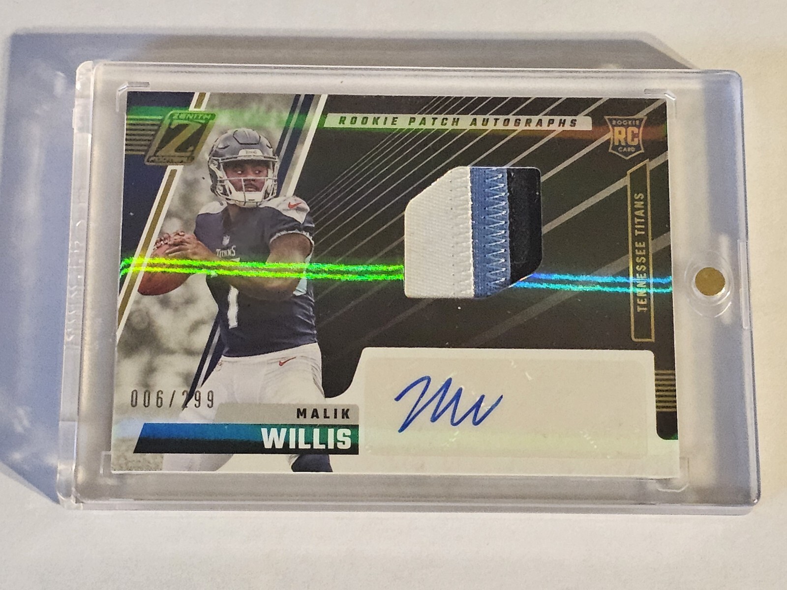 2022 Panini Zenith Malik Willis RC #203 RPA Rookie Patch Auto 6/299 Three Color