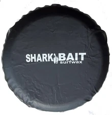 Vinyl tire cover with Sharkbaitsurfwax logo 16 inch tire display model