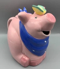 Vintage Coco Dowley Ceramic Pink Pig with Butterfly and Blue Scarf Teapot