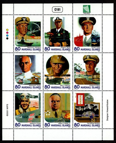 MARSHALL ISLANDS, SCOTT #787, SHEET OF 9 US NAVAL HEROES IN WWII PACIFIC THEATER - 第 1/1 張圖片