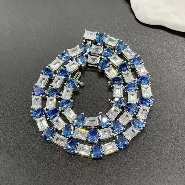 65Ct Pear Tanzannite & Emerald Cut Diamond 14k White Gold Plated Tennis Necklace — 第 2/4 张图片