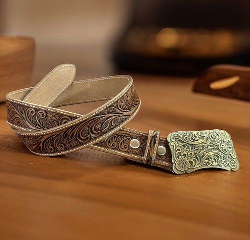 Cintura western fatta a mano in pelle pieno fiore con fibbia rimovibile cintura cowboy - Foto 2 di 97
