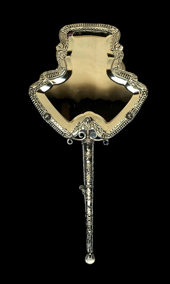 Espejo de mano holandés Premier 1900 plateado placa biselada seda belga floral damasco Foto 4 de 4