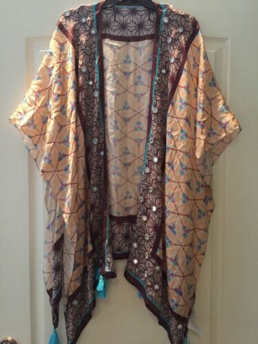 ANTHROPOLOGIE Mirror Border Multi Color Silk Kimono Wrap Tassels $138 Boho Folk - Picture 1 of 11