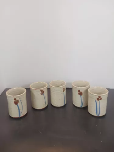 Vintage Pottery Handmade Handcrafted Set Of 5 Tea Mugs Japanese Otagiri Style 