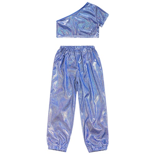 Girls Outfits 2pcs Costume Soft Set Shiny Dancewear Dance Pants One Shoulder - Picture 32 of 66