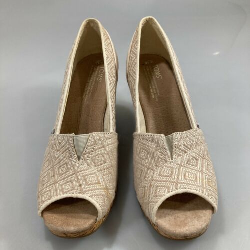 Toms 10 Beige Classic Wedge Pump 3" Cork Heels Peep Toe Sandals - Picture 2 of 9