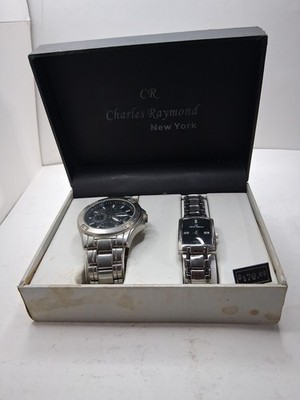 Charles Raymond Black Face His/Hers Silver Tone Quartz Watch Set