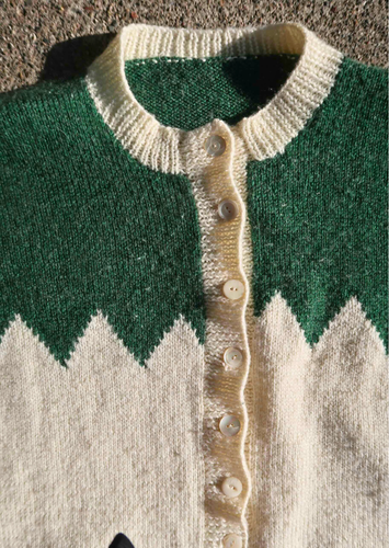 Maglione uomo lana grande lavorato a mano panna verde bosco motivo zigzag - pulito - Foto 4 di 5