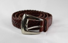 Vintage LIMITED Signed Brown Leather Woven Belt Silvertone Buckle Size M/L