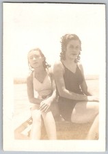 Vtg B W Snapshot Two Young Women in Swimsuits Bathing Suits On Boat Summer 1948