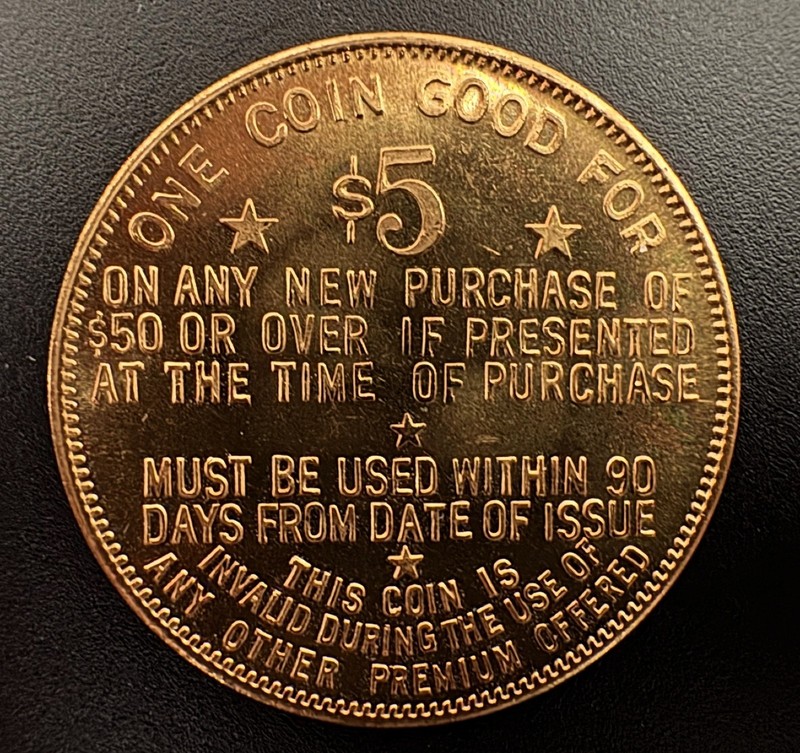 TRADE TOKEN-BIEDERMANS 5$ GOLD STAR CLUB-BIEDERMAN FURNITURE CO