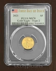 2021 $5 American Gold Eagle - Type 2 - 1/10 oz PCGS MS70 FDOI Flag Label