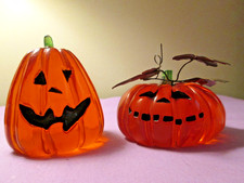 Pair Of Vnt Halloween Jack O Lantern Resin Figurines Translucent w/Metal Leaf