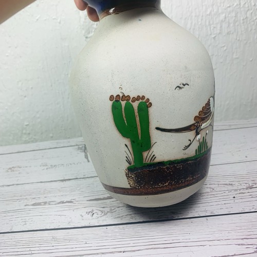 Vintage Tonala Pottery Vase Mexico Roadrunner Bird Cactus Signed 8.5” Handmade - Picture 3 of 9